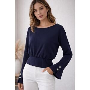 Commense Navy Stretch Knit Peplum Top With Button Cuffs Large